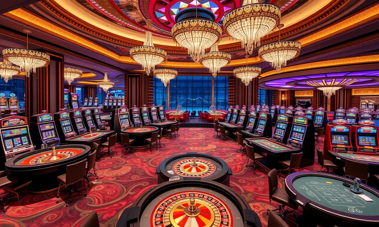 Luxuriöses Casino Infinity Interieur mit Spieltischen und Spielautomaten